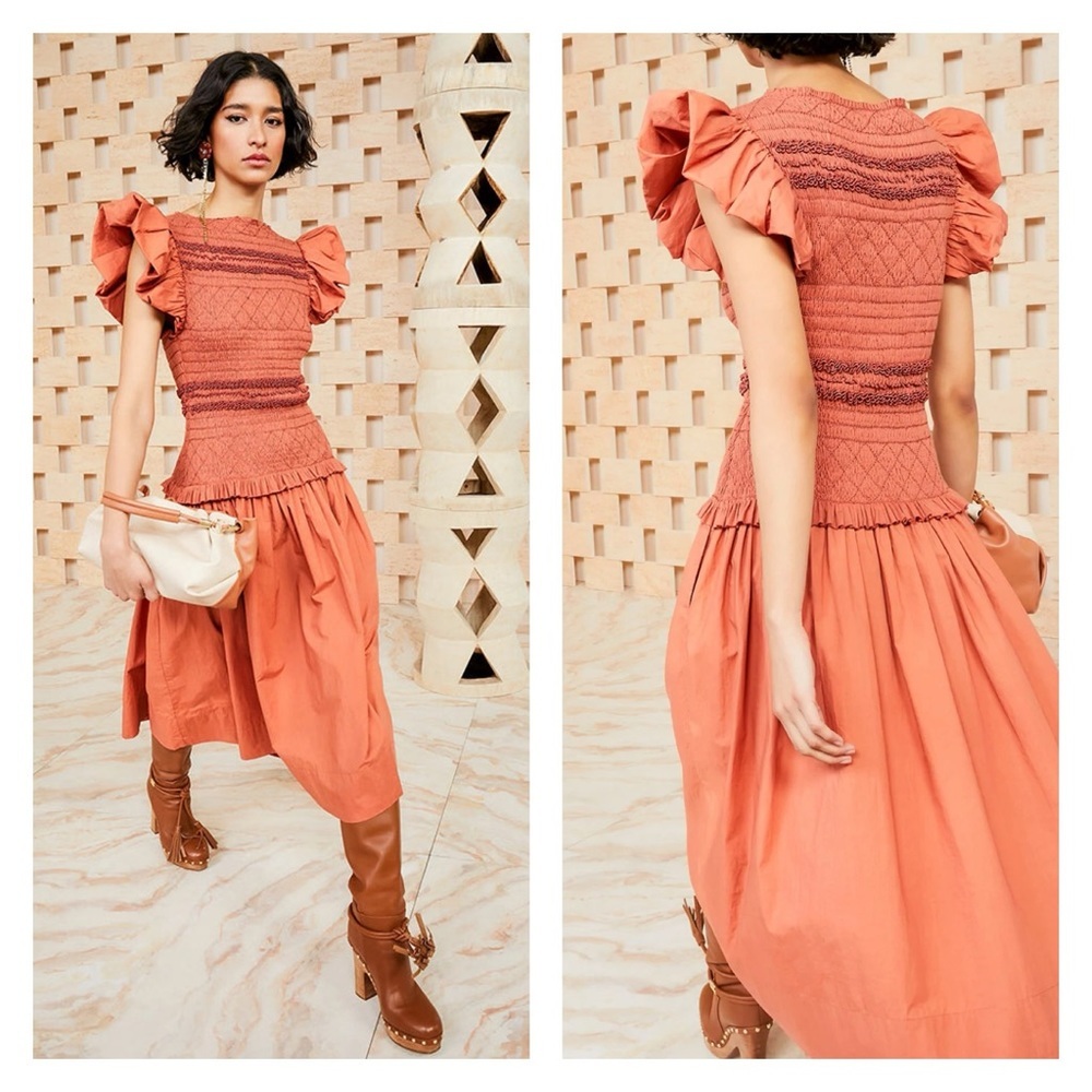 Ulla Johnson Terracotta Ruffle Midi Dress